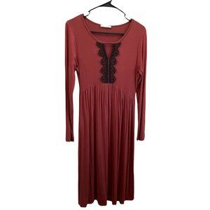 Tea n Rose Pink Midi Dress Long Sleeve Lace Keyhole Soft Comfortable USA Made